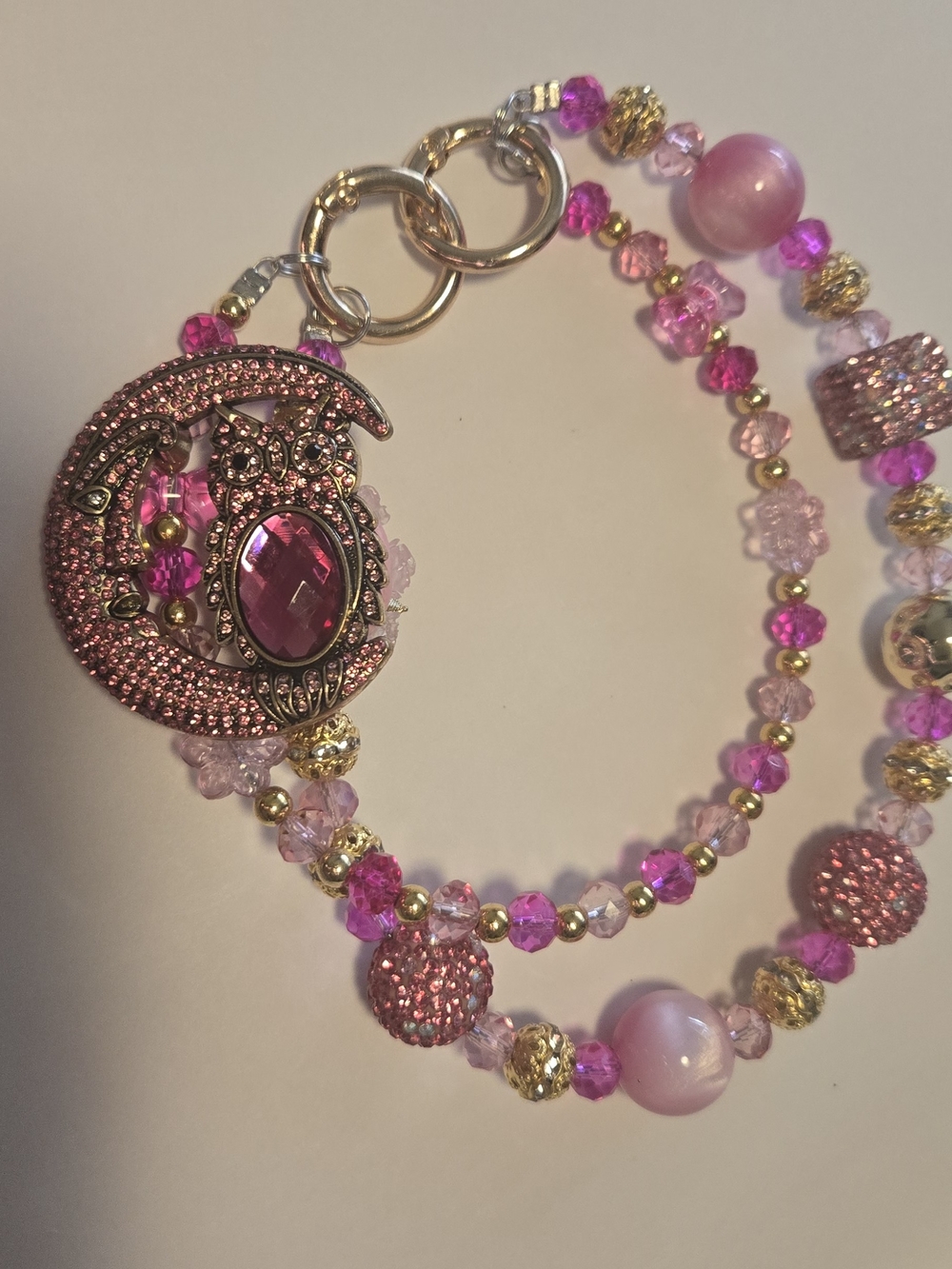 Pink Rhinestone Owl Crescent Moon Beaded Purse Charm Keychain